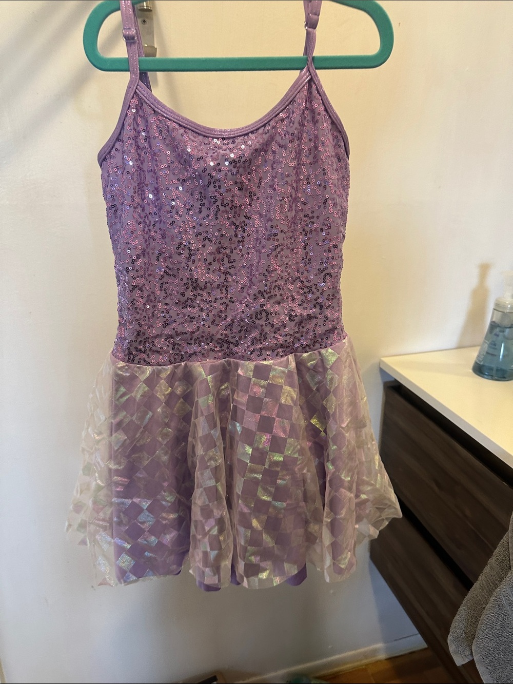 A wish come true Lilac Sequin Dance Costume with Iridescent Checkered Skirt